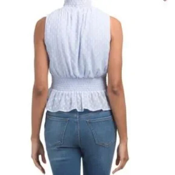 Japna sleeveless Smocked Mock Neck blouse Sheer Light Blue Medium - Picture 10 of 11